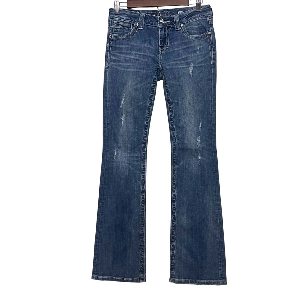 Miss Me Fleur-De-Lis Bling Western Bootcut Jeans Med Wash Distressed Size 28 Y2k